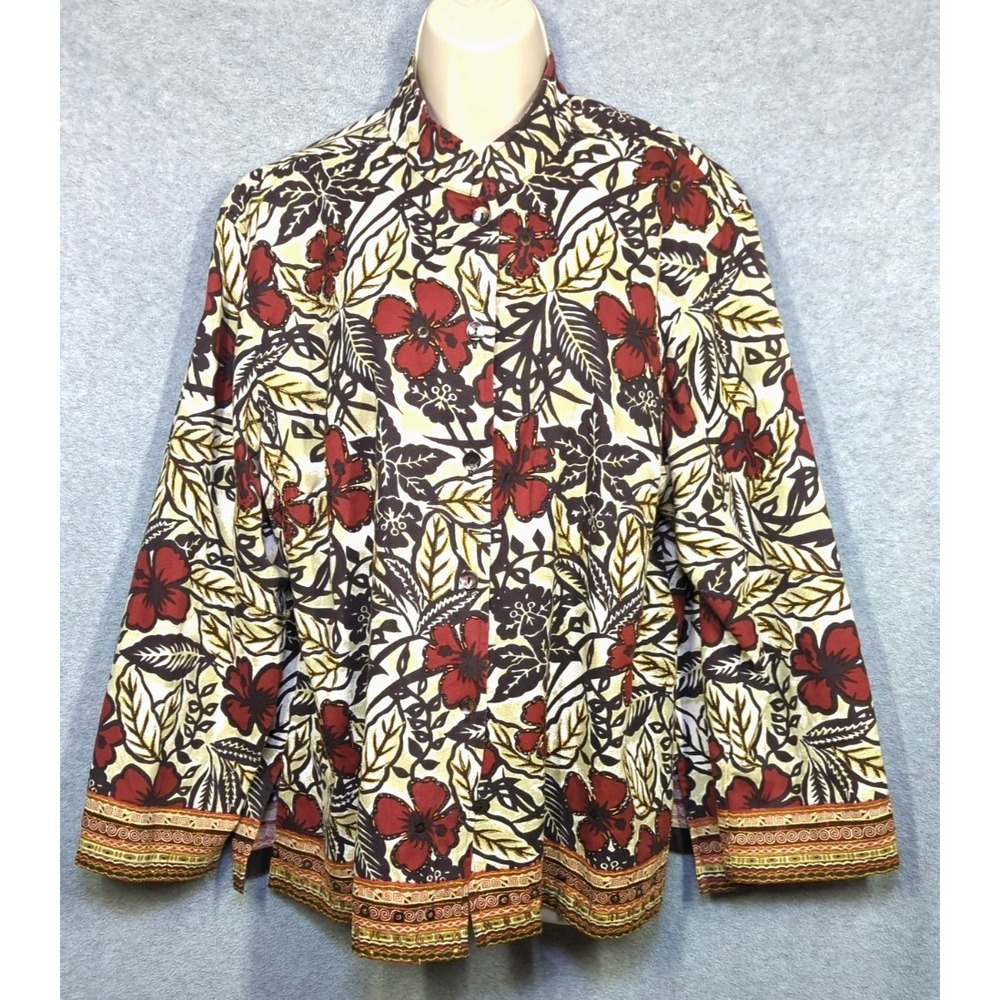 Boho Artsy Jacket XL Cotton Bead Accents Red Brown Floral Easy Chic Stylish